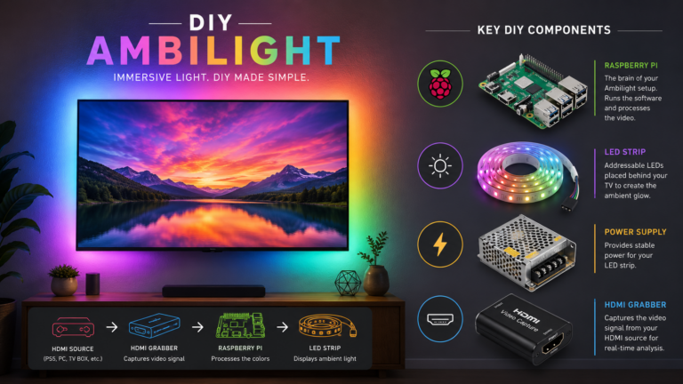 Raspberry Pi, LED-Streifen und HDMI-Komponenten für ein DIY Ambilight