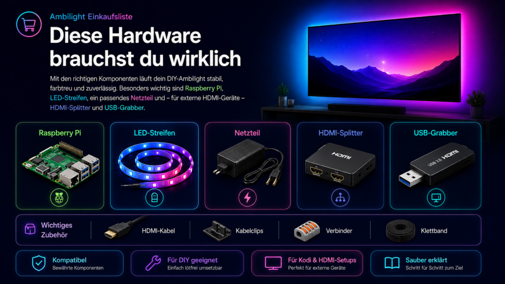 Ambilight Einkaufsliste mit Raspberry Pi, LED-Streifen, Netzteil, HDMI-Splitter und Grabber